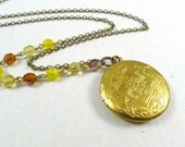 SALE Moroccan Spice Locket Necklace, Detailed Etched Locket with Czech Glass Chain, Asymmetrical