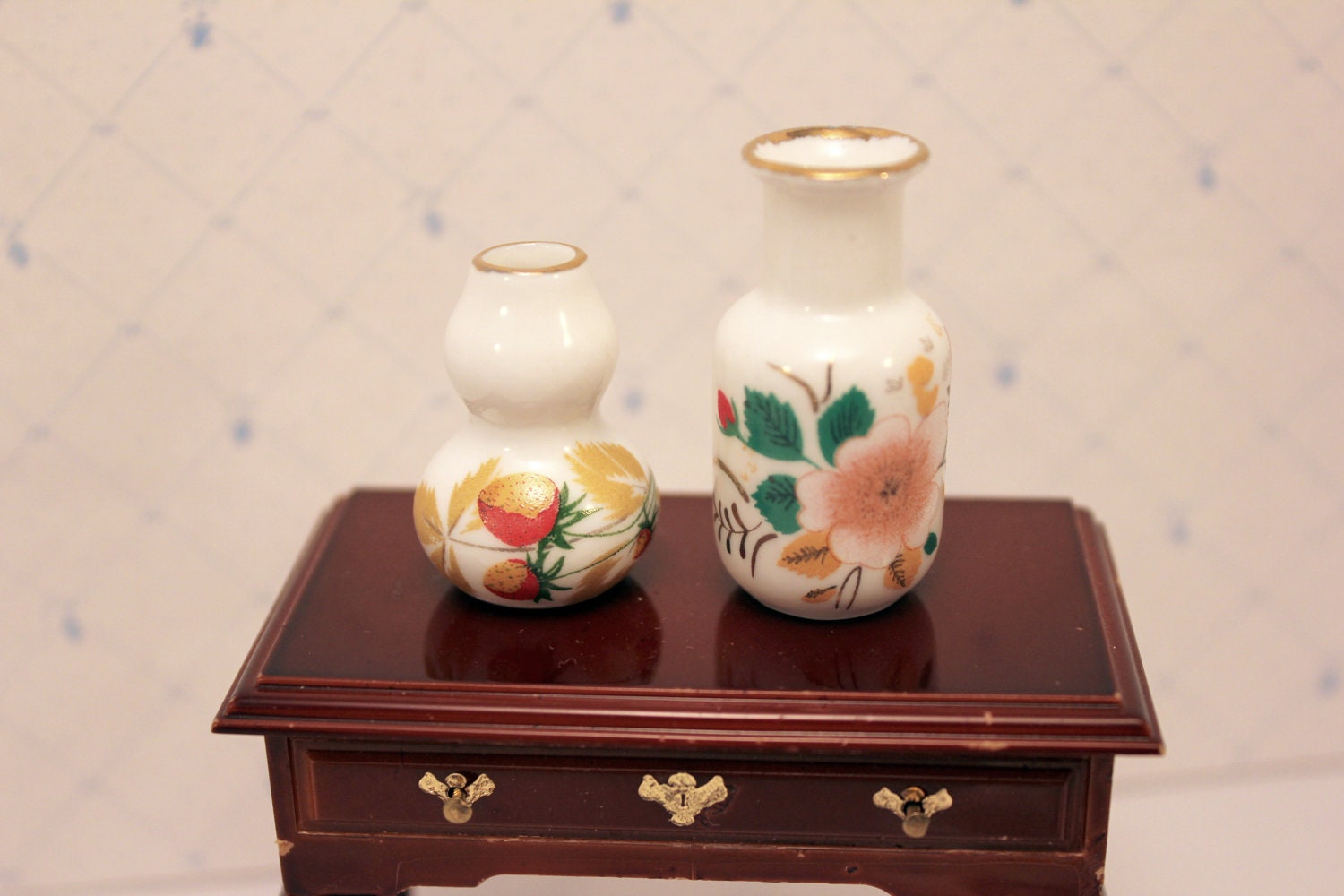 Miniature Porcelain Vase Pair Red Gold Floral Dollhouse