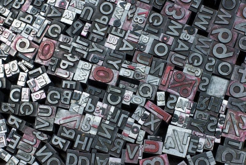 Lot of 100 Misc. Metal Vintage Letterpress Letters, Numbers and Symbols of Dfferent Sizes and Fonts
