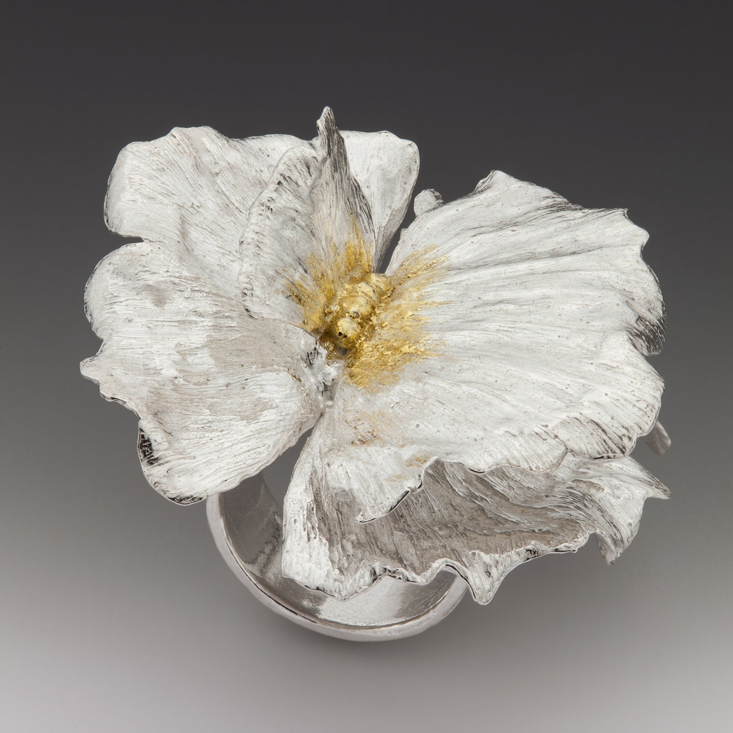 mother's day, silver ring, flower ring, cocktail, eco friendly, spring, mixed metal, OOAK, size 8.5