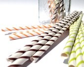30 Paper Straws.... Fall Thin Stripe Mix Set, Orange Brown and Green  with FREE DIY Blank Flags, Retro