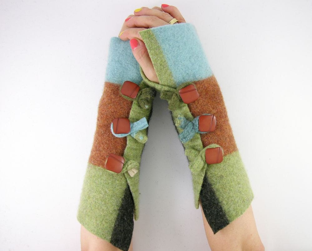 color block arm warmers fingerless mittens wrists warmers fingerless gloves recycled wool fall blue brown green eco friendly curationnation