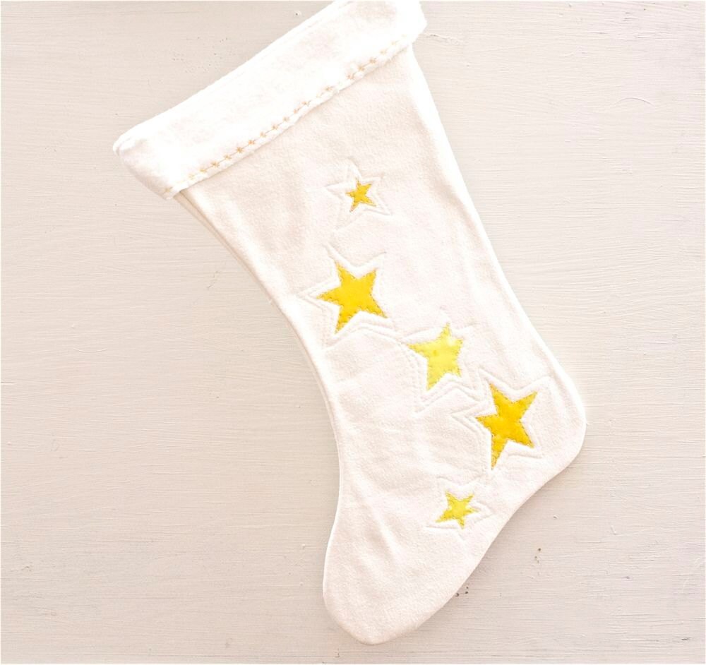 Christmas stocking yellow stars quilted eco friendly hemp modern rustic decor hand painted