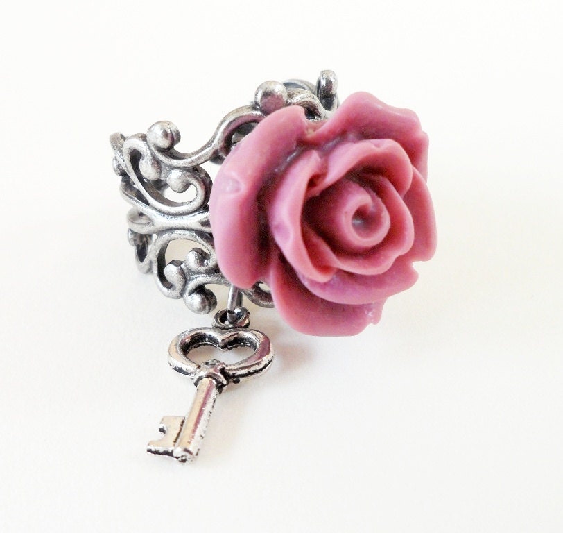 Pink Rose Skeleton Key Ring- Antique Silver- Adjustable Ring
