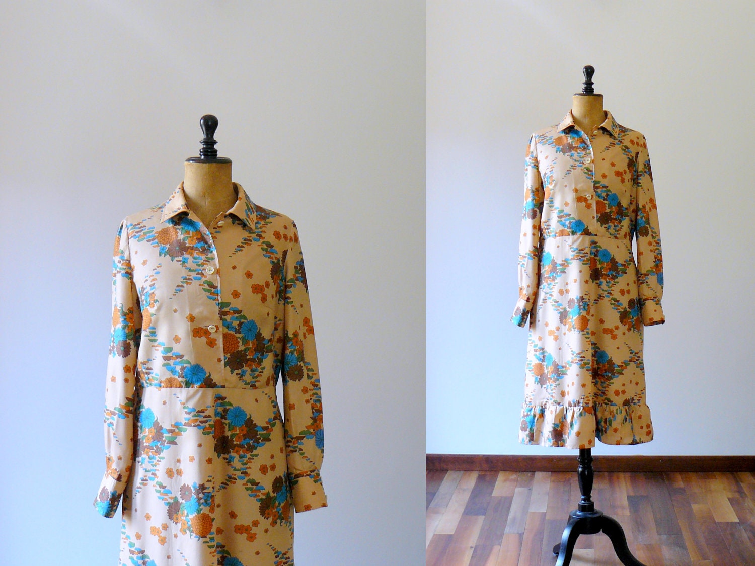 Vintage 1960s sand Mod print shirtwaist dress