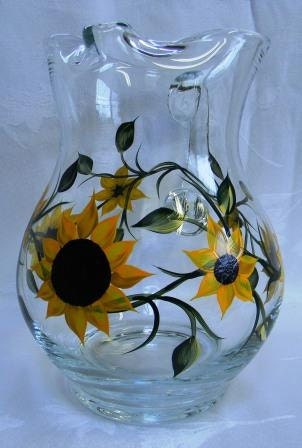 Pitcher and Beverage Glasses hand painted with bright yellow Sunflowers
