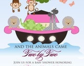 Noah's Ark Baby Shower Invitation for Girls- Butterfly, Monkey, Elephant, Owl, Giraffe, Baby Shower, Birthday, Christening - Digital File