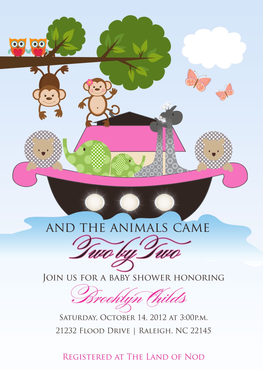 Noah's Ark Baby Shower Invitation for Girls- Butterfly, Monkey, Elephant, Owl, Giraffe, Baby Shower, Birthday, Christening - Digital File