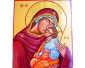 The Virgin with Christ Child, Madonna Eleusa -  handpainted orthodox icon, 15 by 13 inches