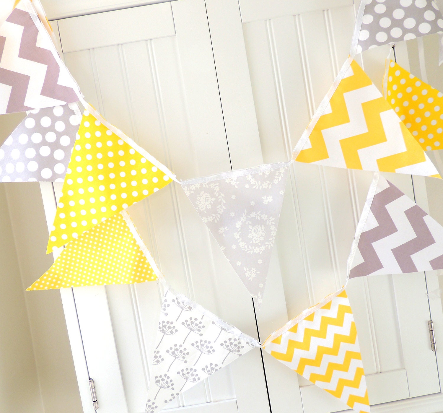 9 feet Banner, Bunting, 21 Pennant Flags, Yellow and Grey Polka Dot, Chevron and Floral, Baby Nursery Decor, Wedding Garland, Birthday