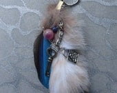 Lynx Tail Fur Keychain - w Key Charm, Blue Parrot Feather, Rose Quartz, Sodalite Stone Beads, Skull & Crossbones Charm, w SIlver Chains