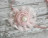 Blushing Beauty - gold, vintage pink and champagne rosette and lace headband