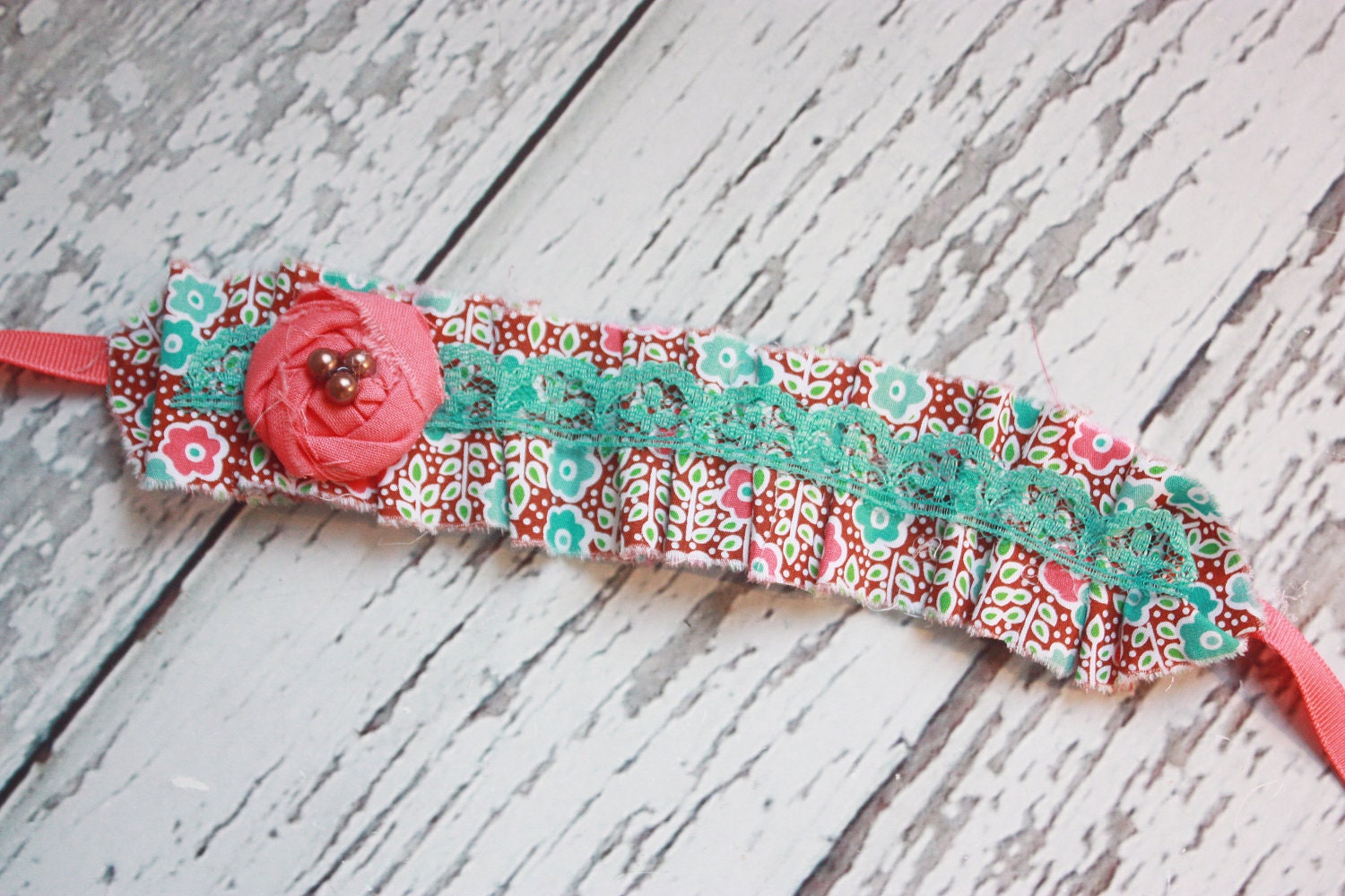 Summer Fair - coral, aqua and brown pleated ruffle with silk flower and lace tieback