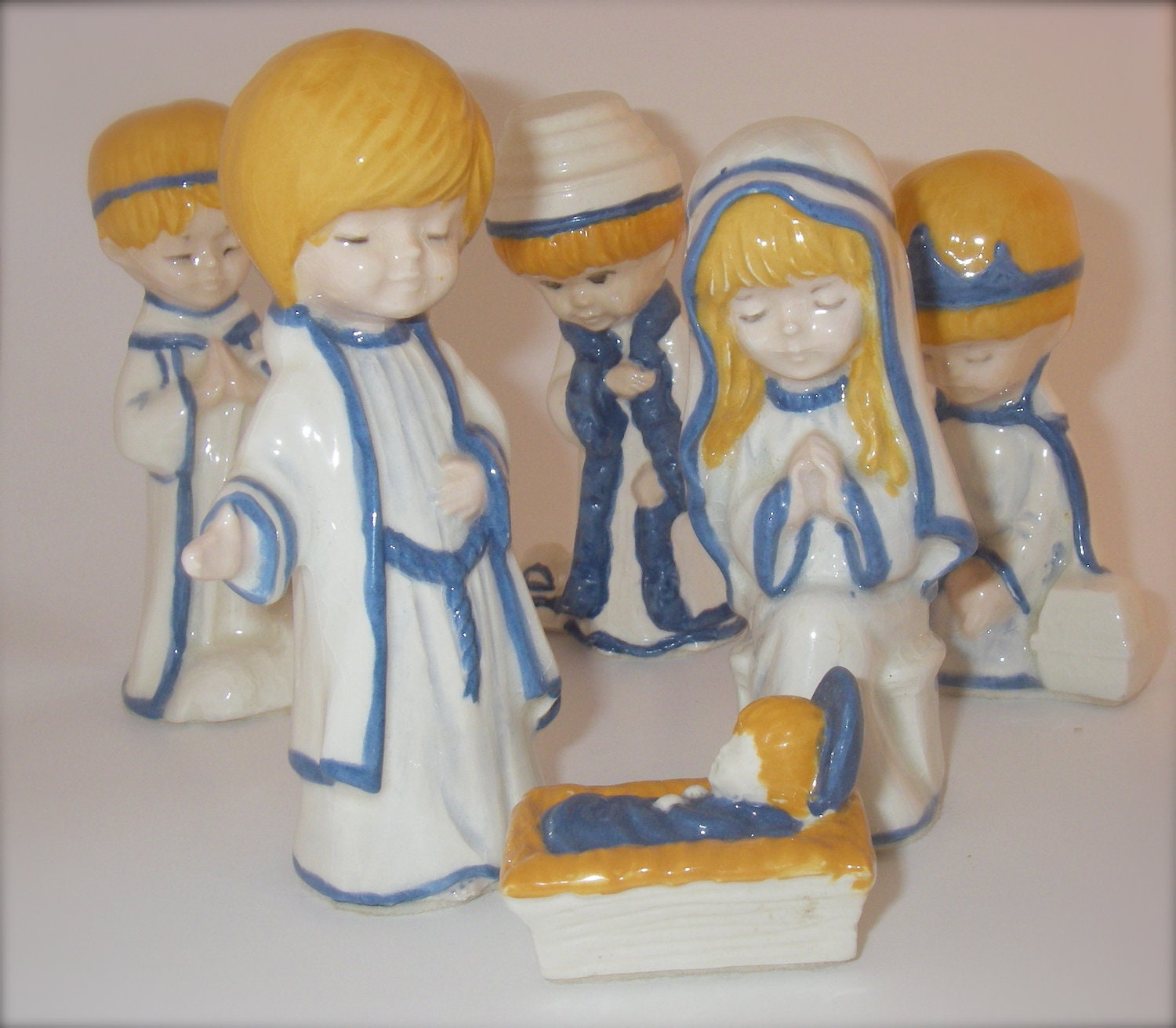 Vintage Nativity Set Of Seven 1970s Glazed Ceramic Christmas Children Figurines