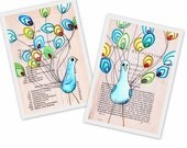 colorful peacocks- white with teal, turquoise, red and green tails -  2 peacock posters in 11x17