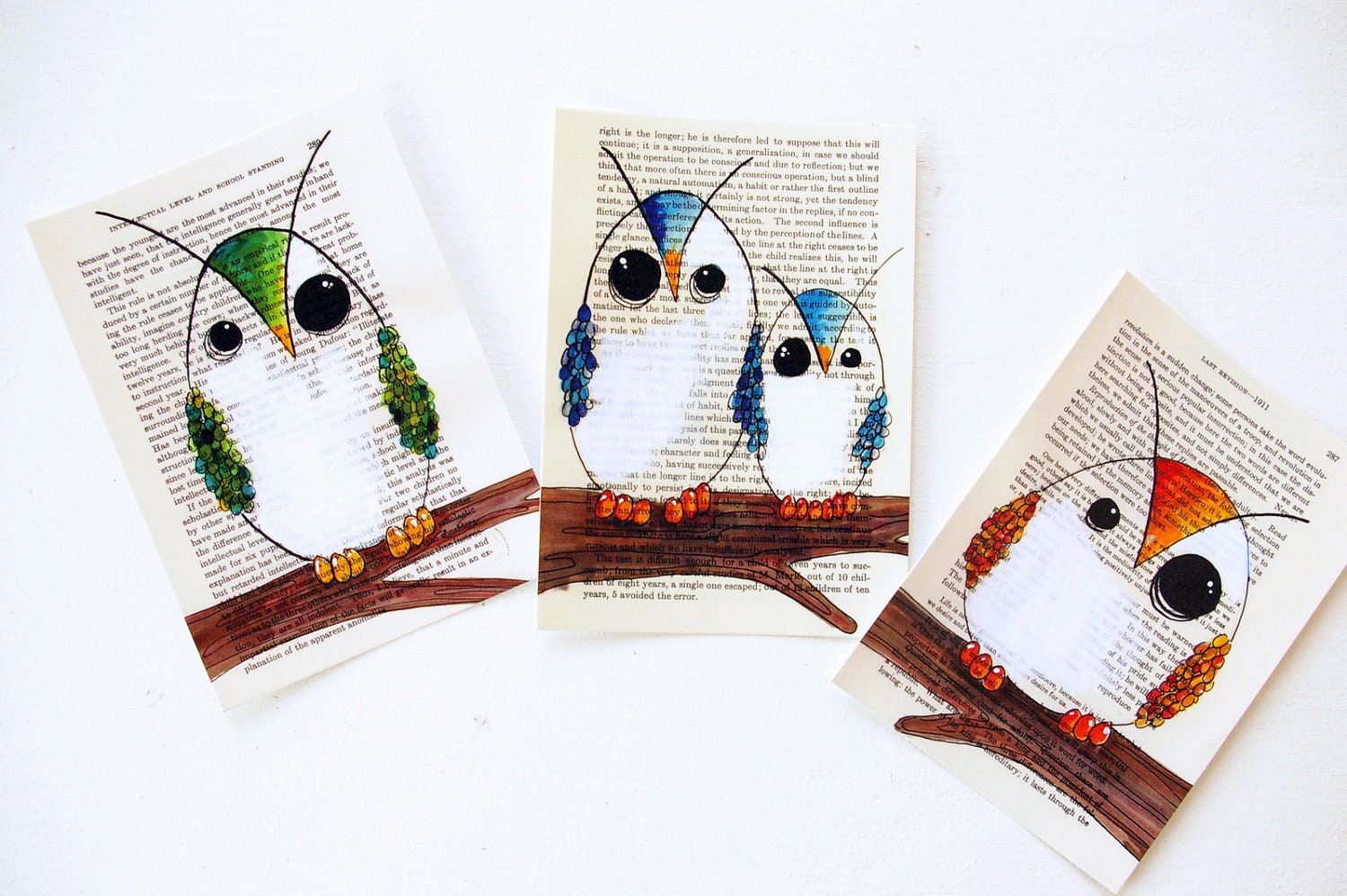 Owl custom drawing on old book page- own your own one of a kind owl on paper - eco / green / recycled / fantastic