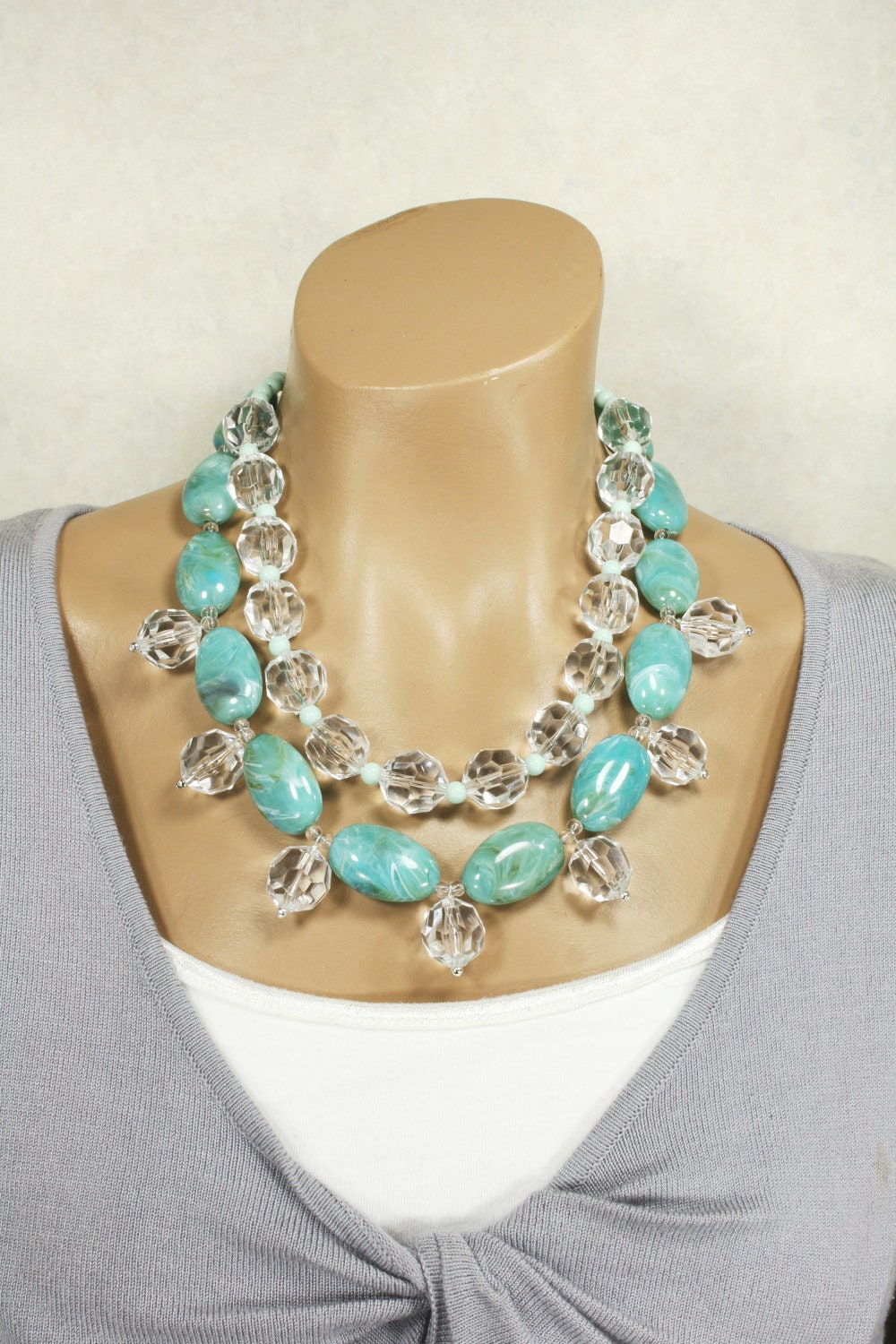 Large Chunky Aqua Seafoam and Clear Statement Necklace, Icy Waters