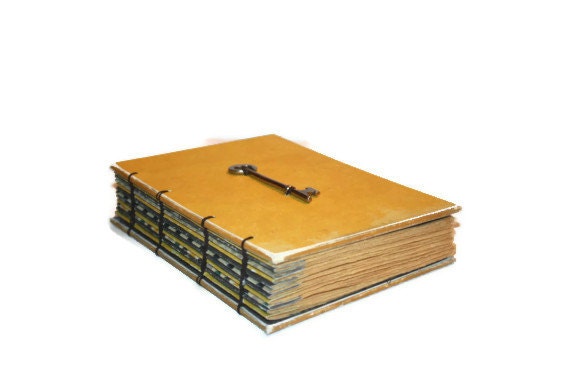 Yellow and Gray Hand Bound Journal with Vintage Skeleton Key