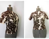 Vintage 1950s Cropped Top Sidney Heller Blouse Brown and White Fitted
