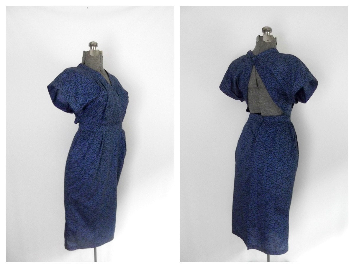 1980s Back Cut Out Dress Blue Black Cotton