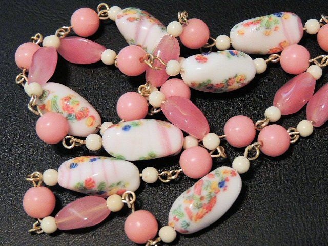 Vintage ART Glass Beaded Necklace Pink White Flowers (sn 732)