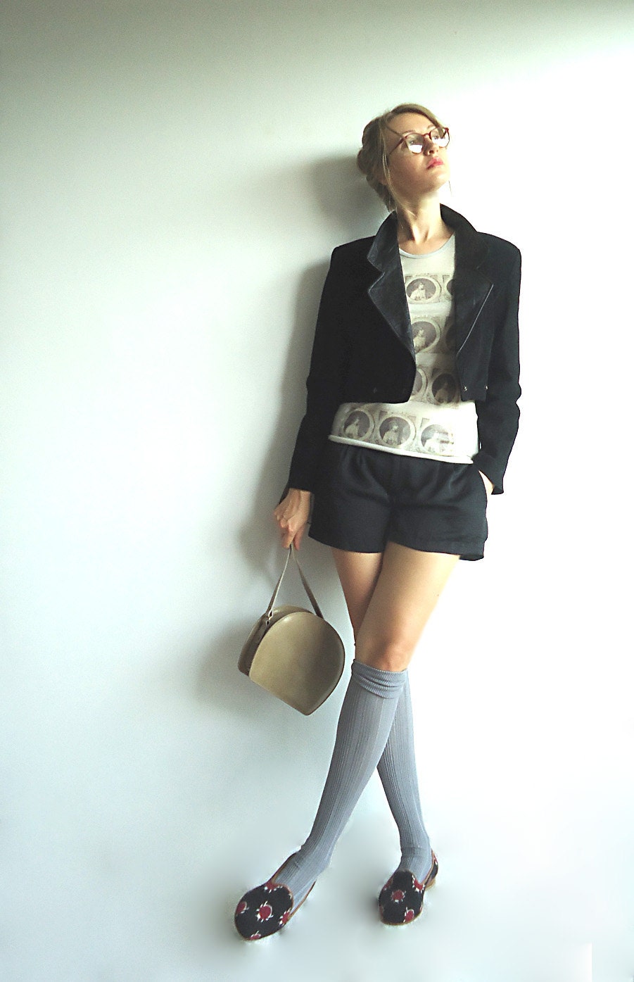 BLACK SUEDE 80s Leather Collar Cropped Jacket in Sumptuous Black Suede Size S or M