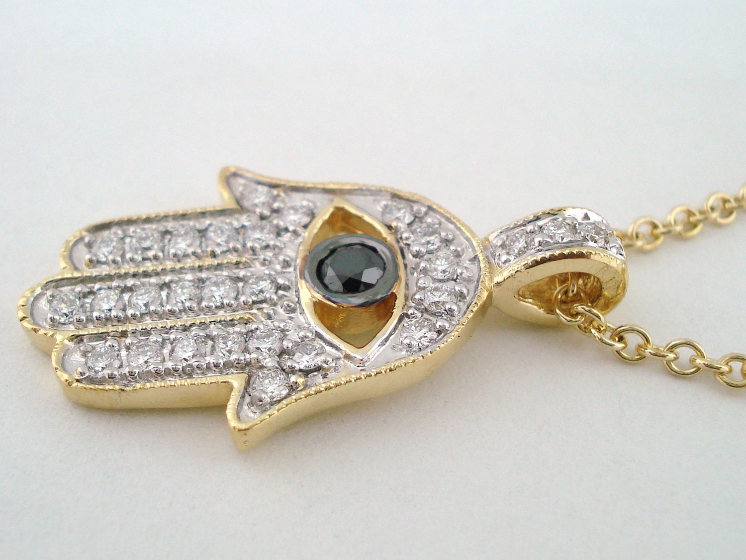 0.39 Carat 18K Yellow Gold Hamsa Hand Of GOD Diamond Pendant Necklace Hand Made  Pave Set