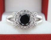 18k White Gold 1.03 Carat CERTIFIED Vintage Style  VVS1 Fancy Black & White Diamonds Unique Halo Engagement Ring