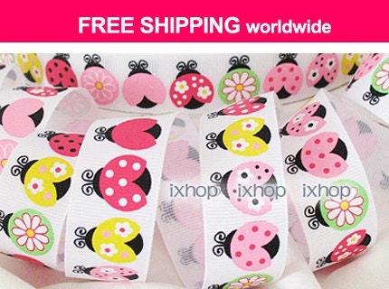 5 Yards 7/8" 22mm mtmg Pretty Lady Grosgrain Ribbon Ladybug ... 7100/17 2226 ..... FREE SHIPPING Worldwide