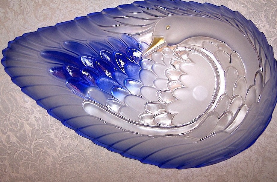 Vintage Blue European Fine Glass Swan Serving Platter