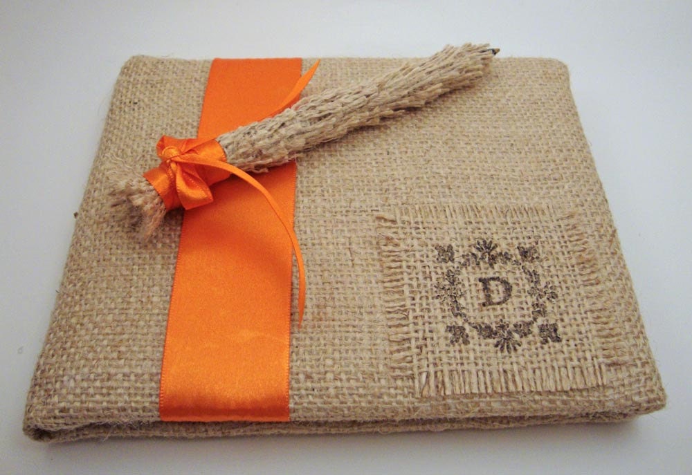 Rustic Burlap Wedding Guest Book Personalized with Your Initial and Pen Set