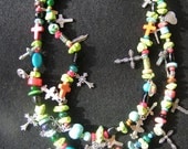 Green Multi Color Turquoise 'Black Bear' Totem Cross Crosses Charm Necklace