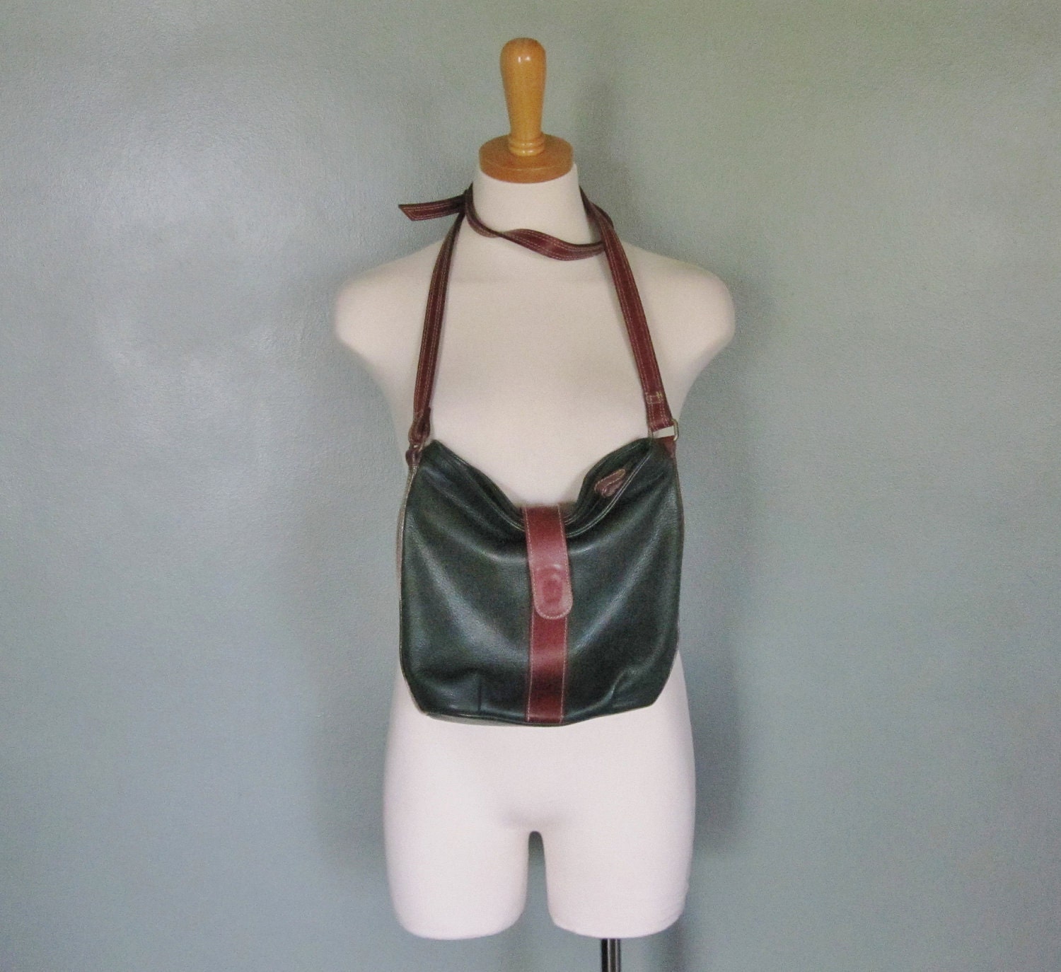 Vintage GREEN Faux Leather Satchel Purse - Hunt Club - Early 90s