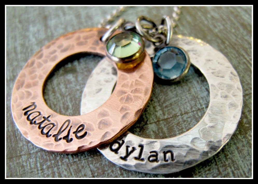 Personalized Mixed Metals Hand Stamped Washers with Birthstones - Hammered and Rustic