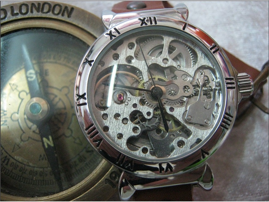 Skeleton Vintage Retro Steampunk Leather Wrap Watch Mechanical Bracelet Wind Watch with a lovely Silver Gold skeleton pattern FREE SHIP