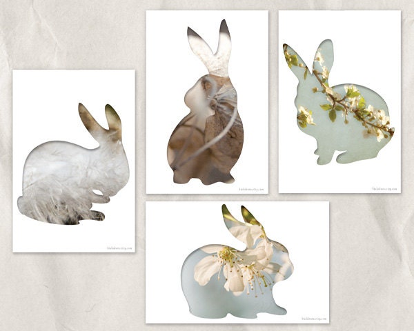 bunny card set, easter postcard, collage photography, 4x6, set of 4, blank notecard, garden animal, gray, taupe, rabbit, wildlife, minimal