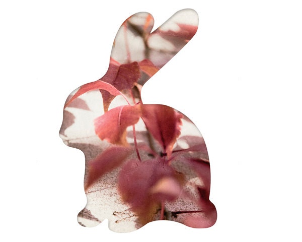 bunny in amaranth, silhouette collage photography, rabbit, hare, 8x10 art print, nursery art, animal home decor, red, pink, gray