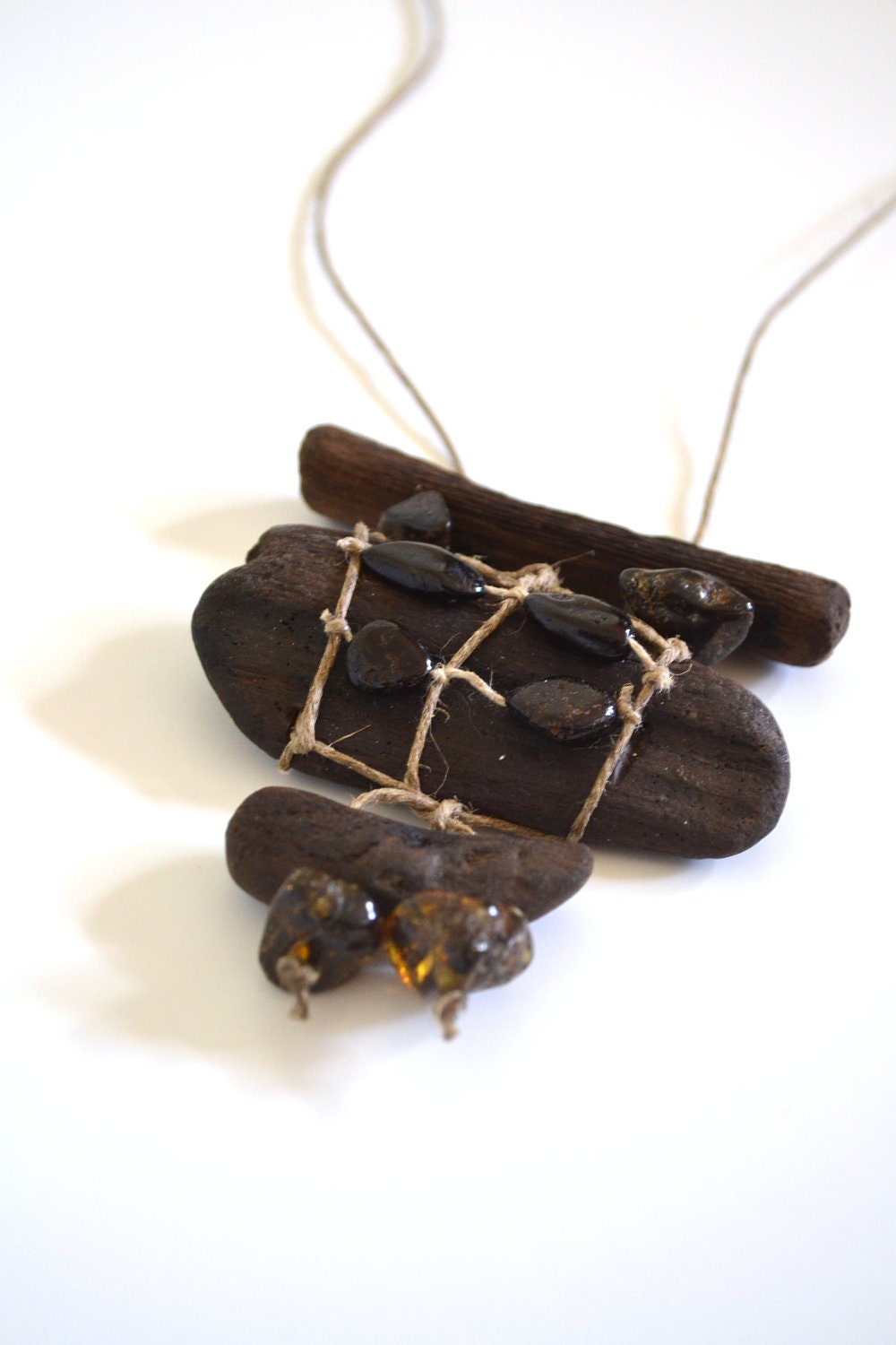 Handmade necklace from drift wood and natural Baltic Sea amber