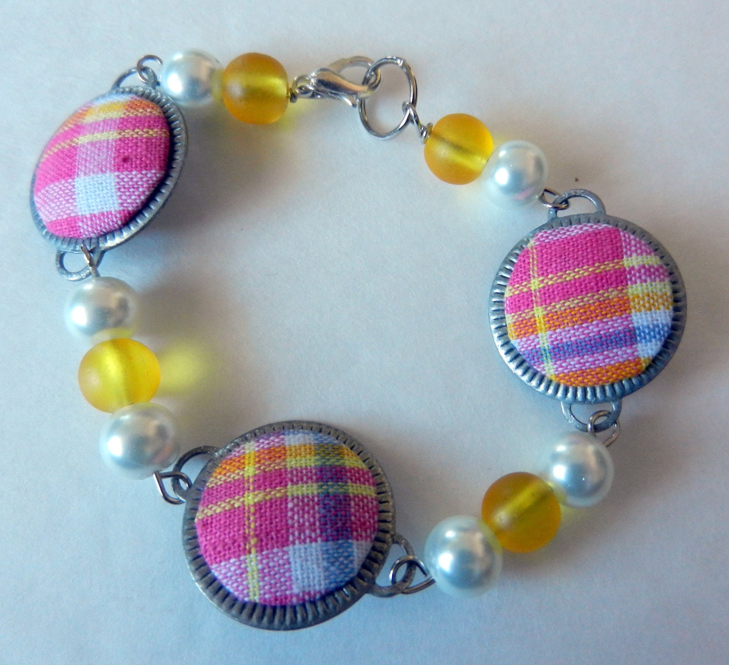 Pink Yellow Plaid and Pearl Beaded Bracelet