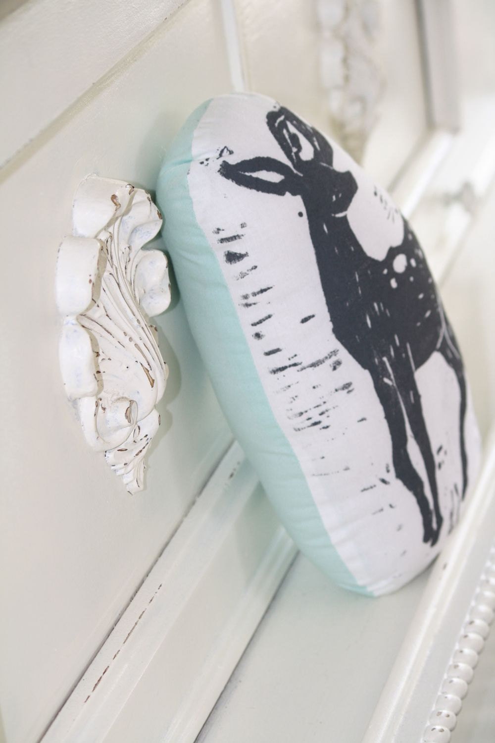 Plush Deer Pillow in Grey. Hand Woodblock Printed. Customizable Colors. Made to Order.