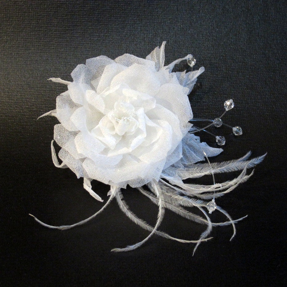 White silk flower hair clip with swarovski and feathers. Rose wedding headpiece.  Wedding bridal fascinator.