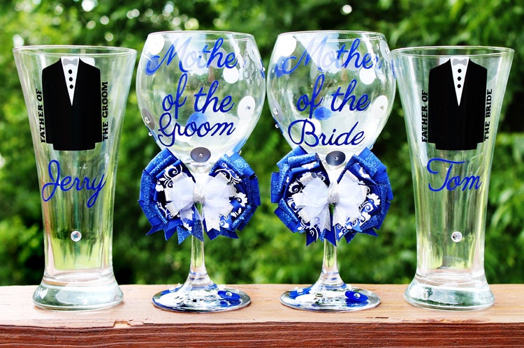 SET OF 4 Mother and Father of the Bride Groom Personalized Bridesmaid Wedding Bridal Shower Date Groomsman Bachelorette Glass Set