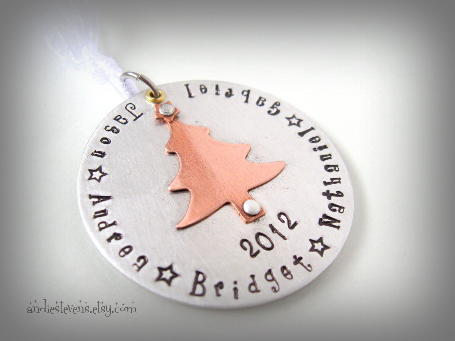 Personalized Holiday Ornament Hand Stamped Silver Copper Brass