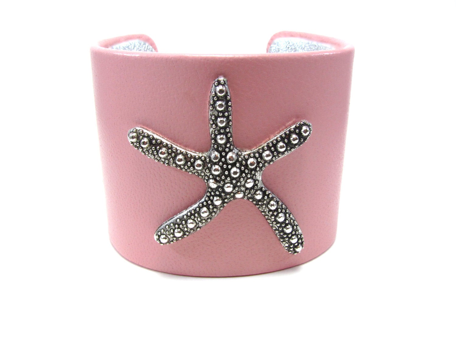 Nautical Pink Starfish Leather Cuff Bracelet - Rose and Pewter Gray - Preppy Beach Cuff - Sea Star Jewelry - Ocean Accessory