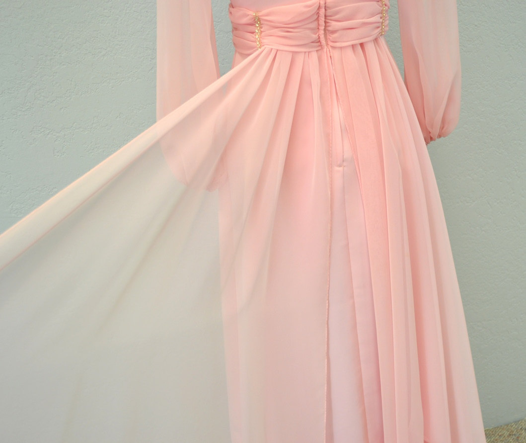 1960's maxi evening gown /  pastel pink rhinestones / sheer - IngridIceland