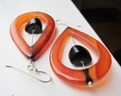 Amber glass teardrop earrings -  fall autumn black onyx silver honey caramel butterscotch orange
