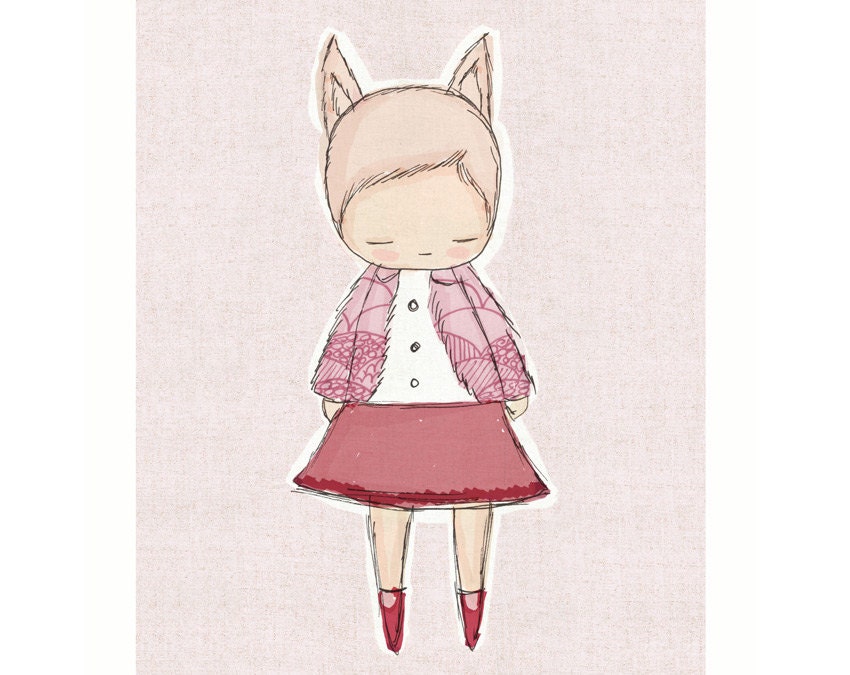 Children Decor- Little Fox Girl - Pink and Maroon