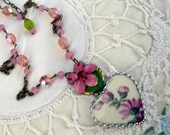 For the Love of Pink, Vintage Soldered 1940s China Pendant with 1940s Enamel Flower