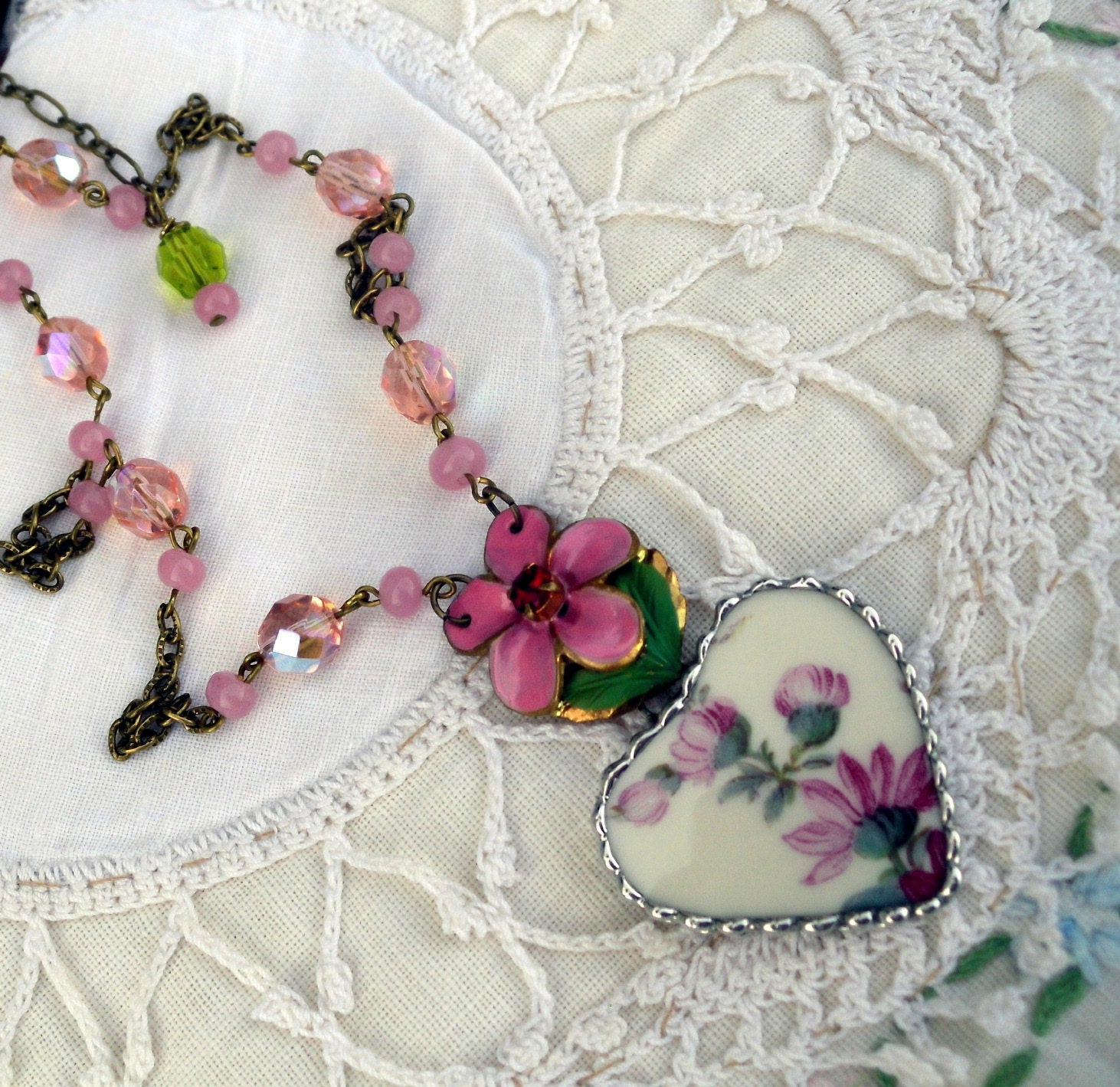 For the Love of Pink, Vintage Soldered 1940s China Pendant with 1940s Enamel Flower