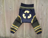 Upcycled Wool Longies Soaker Cover Diaper Cover With Added Doubler Navy Blue/Yellow Green With Recycle Sign Applique MEDIUM 6-12M